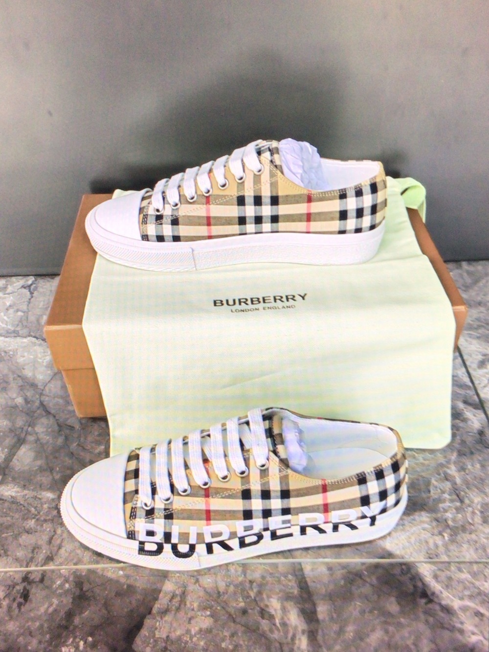 Burberry Beige Check Low-Top Sneakers with White Soles